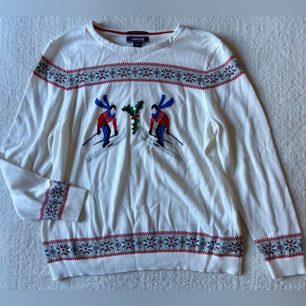 Lands' End Nordic Print Festive Sweater, Skiing Design. White. Size L (14/16) - Picture 1 of 9